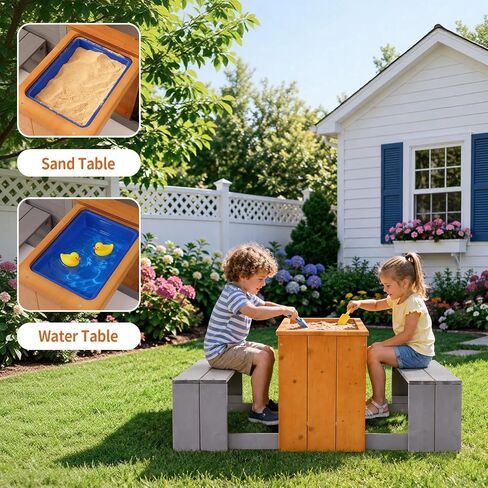 Wooden Kids Playhouse, Outdoor Sand Water Table Chair Set, Play Kitchen, Half Door Windows, Kids Playhouse and Toys Playset for Backyard Play (Brown and Grey) in Saudi Arabia
