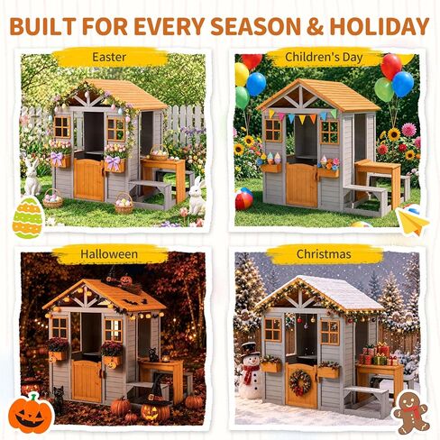 Wooden Kids Playhouse, Outdoor Sand Water Table Chair Set, Play Kitchen, Half Door Windows, Kids Playhouse and Toys Playset for Backyard Play (Brown and Grey) in Saudi Arabia