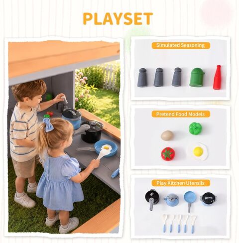 Wooden Kids Playhouse, Outdoor Sand Water Table Chair Set, Play Kitchen, Half Door Windows, Kids Playhouse and Toys Playset for Backyard Play (Brown and Grey) in Saudi Arabia