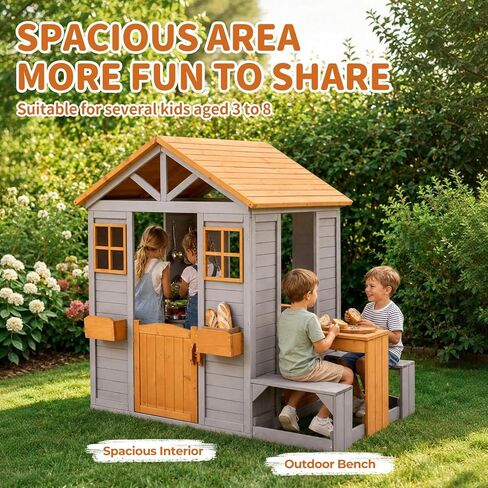 Wooden Kids Playhouse, Outdoor Sand Water Table Chair Set, Play Kitchen, Half Door Windows, Kids Playhouse and Toys Playset for Backyard Play (Brown and Grey) in Saudi Arabia