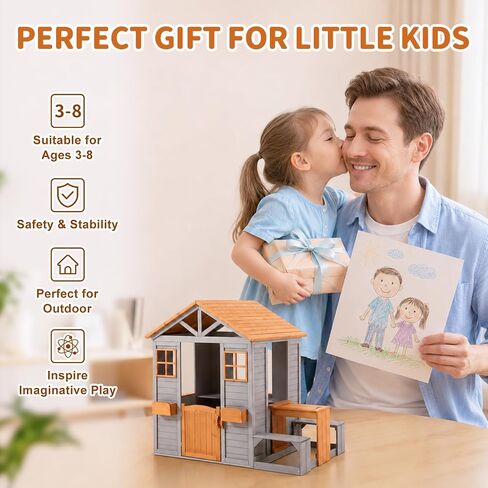 Wooden Kids Playhouse, Outdoor Sand Water Table Chair Set, Play Kitchen, Half Door Windows, Kids Playhouse and Toys Playset for Backyard Play (Brown and Grey) in Saudi Arabia