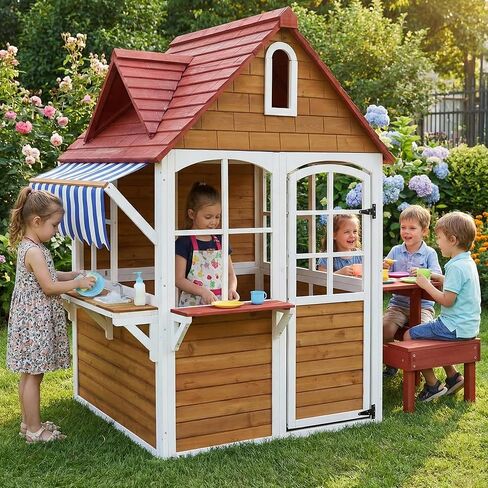 Large Solid Wood Outdoor Kids Playhouse with Sink & Table Set,Brown in Saudi Arabia