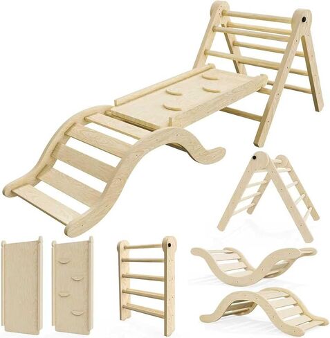 bbgroundgrm Pikler Triangle Set Climber 5 in 1, Toddler Climbing Toys Indoor Folding with Ramp & Arch for Montessori Play Gym for Toddlers and Kids (Natural)(99" Wx21 Dx23 H) in Kuwait