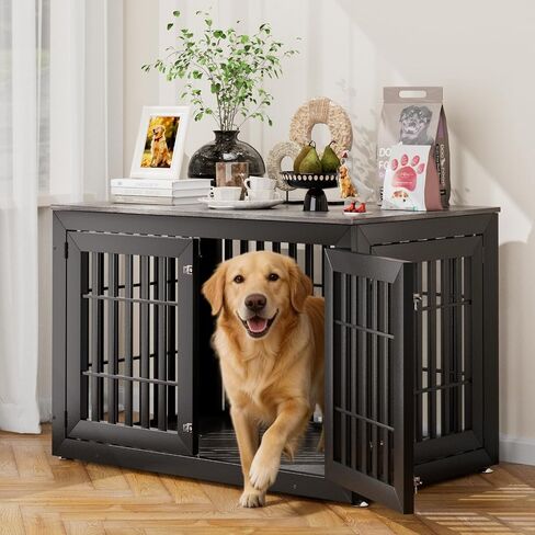 Snuowu 48" Heavy-Duty Dog Crate Furniture for Large Dogs, XXL Wooden Dog Cage Kennel Indoor Furniture, Decorative Pet House End Table, White & Wood in Kuwait