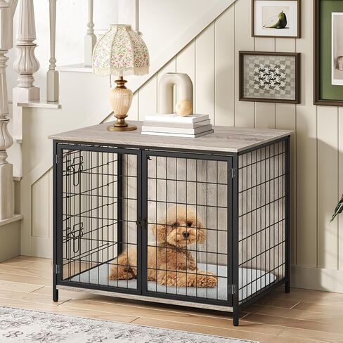 MAHANCRIS Dog Crate Furniture with Cushion, Wooden Dog Kennel with Double Doors, Heavy Duty Dog Cage for Small/Medium/Large Dogs, Indoor Dog House End Table, 31.5" L, Rustic Brown DCHR0701Z1 in Kuwait