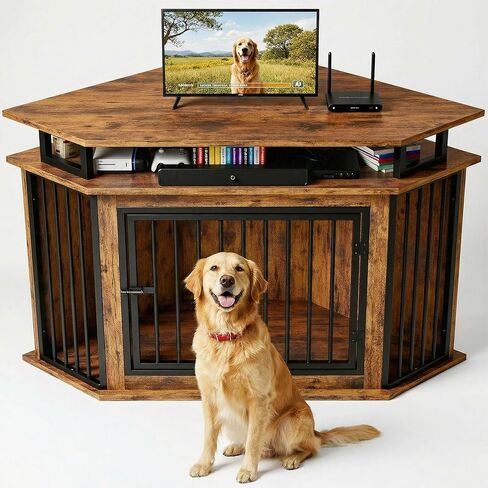 IRONCK 51" Large Corner Dog Crate Furniture with 2-Tier Storage Shelves in Kuwait