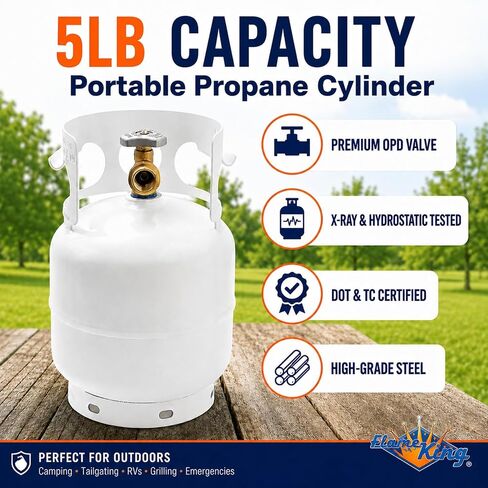 Flame King 5LB Steel Propane Tank Cylinder with Type 1 OPD Valve & 4-FT Propane Adapter Hose for Camping, Fire Pits, Heaters, Grills, Overlanding in Kuwait