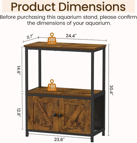 Snughome 10 Gallon Fish Tank Stand with Storage Cabinet, 3-Tier Double Aquarium Stand for 5-10 Gallon Tanks, 24.4" Wide Tabletop, 350 lb Capacity, Heavy Duty Metal Frame, Rustic Brown in Saudi Arabia