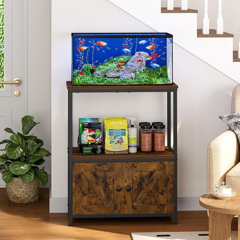 Snughome 10 Gallon Fish Tank Stand with Storage Cabinet, 3-Tier Double Aquarium Stand for 5-10 Gallon Tanks, 24.4" Wide Tabletop, 350 lb Capacity, Heavy Duty Metal Frame, Rustic Brown in Saudi Arabia
