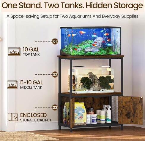 Snughome 10 Gallon Fish Tank Stand with Storage Cabinet, 3-Tier Double Aquarium Stand for 5-10 Gallon Tanks, 24.4" Wide Tabletop, 350 lb Capacity, Heavy Duty Metal Frame, Rustic Brown in Saudi Arabia