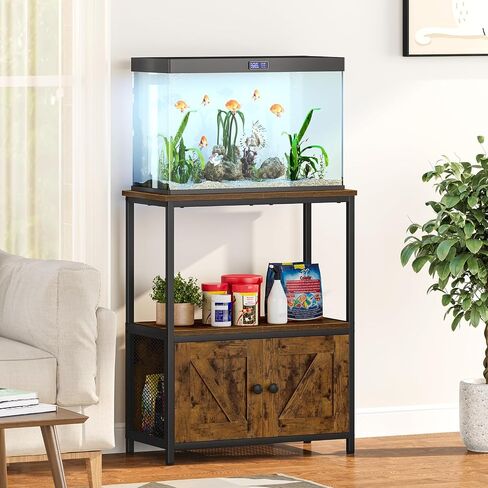 Snughome 10 Gallon Fish Tank Stand with Storage Cabinet, 3-Tier Double Aquarium Stand for 5-10 Gallon Tanks, 24.4" Wide Tabletop, 350 lb Capacity, Heavy Duty Metal Frame, Rustic Brown in Saudi Arabia