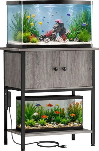 10 Gallon Fish Tank Stand with Storage Cabinet, Aquarium Stand with Rust-Proof Metal Frame, Heavy Duty Waterproof Reptile Turtle Tank Stand for Home Office Up to 260LBS, 21.3" L x 11.4" W x 30" H, Black in Saudi Arabia
