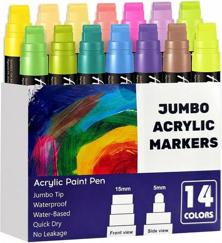 14 Colors Jumbo Markers, Jumbo Acrylic Paint Markers 15mm Wide Felt Tip Permanent Ink Pens for Poster, Rock Painting,Fabric,Glass, Wood, Stone, Ceramic & DIY Crafts, Vibrant Art Pens for Most Surfaces in Kuwait