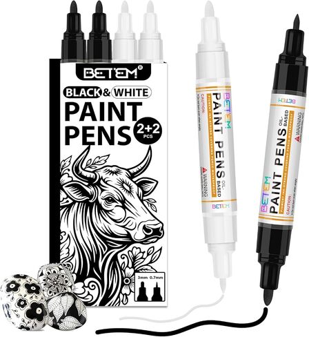 Betem 4 Oil Based Black White Paint Pens, Permanent Fabric Paint Markers in Kuwait