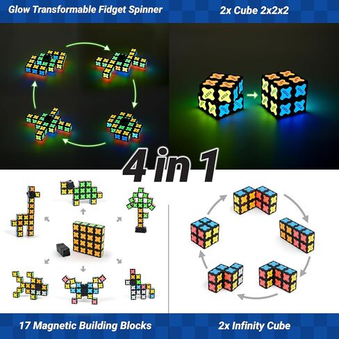 TOSY Magnet Fidget Spinner Glow - 16 Blocks, 3 in 1 Toy: Transformable Fidget Spinner, Infinity Cube, 2x2 Puzzle Cube, Glow, Stress Relief, STEM Magnet Tiles Birthday Gift for Kids/Boys/Girls/Adults in Kuwait
