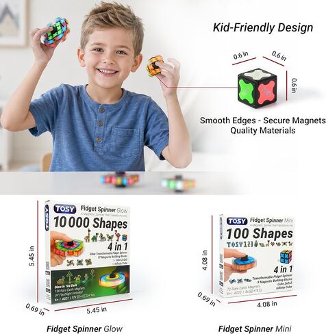 TOSY Magnet Fidget Spinner Glow - 16 Blocks, 3 in 1 Toy: Transformable Fidget Spinner, Infinity Cube, 2x2 Puzzle Cube, Glow, Stress Relief, STEM Magnet Tiles Birthday Gift for Kids/Boys/Girls/Adults in Kuwait