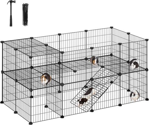 SONGMICS Pet Playpen، روضة للحيوانات الصغيرة، قفص خنزير غينيا أرنب، تتضمن روابط مضغوطة، فيلا فاخرة للحيوانات الأليفة من طابقين على شكل شقة من الأسلاك المعدنية للأرانب الجراء، للاستخدام الداخلي، أسود ULPI002B01 in Kuwait