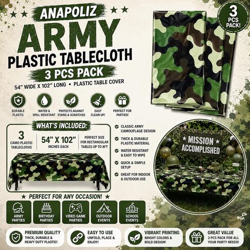 AnapoliZ Army Plastic Tablecloth | 3 Pcs Pack (54" Inch Wide x 102" Inch Long) | Rectangular Camouflage Table Cover | Military Party Table Decorations | Camo Party Plastic Table Cover in Kuwait