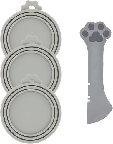 3 Pcs Pet Food Can Lids & One Can Spoon | Cute Paw Shape Opener Spatula Cat Wet Food Spoon | Universal BPA Free Silicone Covers for Dog Cat Cans(Pink) in Kuwait