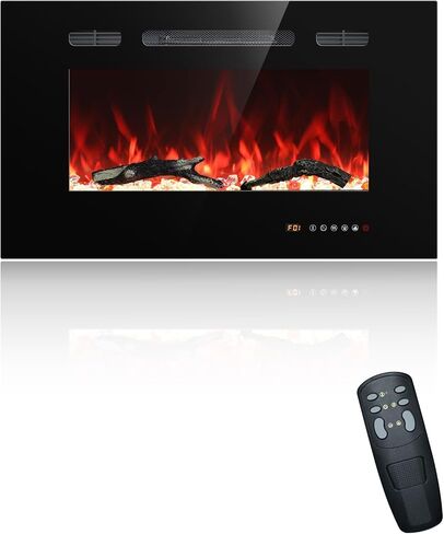 Electric Fireplace 30 inch Wide, Wall Mounted Fireplace Inserts Electric Heater, 13 * 13 Flame Effects Like Real Flame, Low Noise, Timer & Thermostat Setting, 750W/1500W, Black in Kuwait