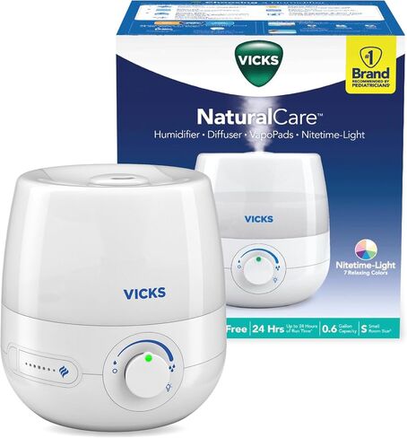 Vicks NaturalCare Cool Mist Ultrasonic Humidifier (VUL530), White, Small Room – Humidifier and Diffuser with Nighttime Light, Works with Vicks VapoPads in Kuwait