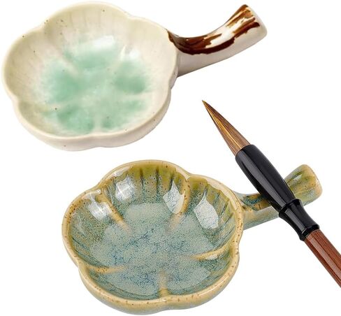 PH PandaHall 2pcs Ceramic Ink Plate Porcelain Ink Dish with Handle Chinese Calligraphy Painting Brush Holder Paint Pallets Flower Shape Multifunctional Bowl for Calligraphy Painting Japanese Prints in Kuwait