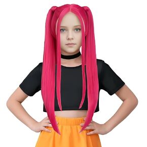 MAGQOO Hot Pink Wig Kids Long Straight Hot Pink Wig Child Girls Cartoon Movie Halloween Cosplay Costume Animie Wigs in Saudi Arabia