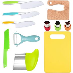 14 Pieces toddler knife, Kids Knife Set Include Wood Kids Safe Knife, Plastic Toddler Knife, Cutting Board, Apron, Y Peeler, Crinkle Cutter, Kitchen Sleeves Covers, Gloves, Sandwich Cutter in Kuwait