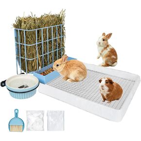 BESNEW 3 in 1 Guinea Pig Hay Feeder with Litter Box & Water Bowl,Training Potty Tray for Bunny & Piggy & Smaller Animals,Quick Cleaning,Easy to Install,Bite‑Resistant in Kuwait