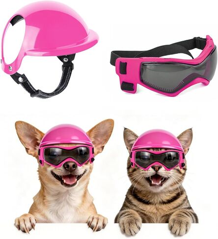 Extra Small Dog Helmet and Dog Goggles Set, XS Pet Safety Hat with Ear Holes, Anti-UV Pet Sunglasses, Head & Eyes Protection for Puppy and Adult Cats, All Black in Saudi Arabia