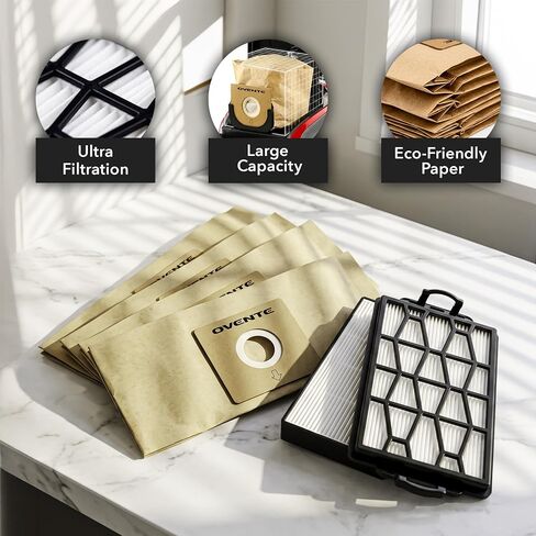 Ovente 4-Pack Premium Disposable Compact Dust Bag Replacement with 99.9% Ultra Filtration, Fit for ST1600 Canister Vacuum Cleaner Model Series Large Size and Easy Storage, Brown ACPST16704 in Kuwait