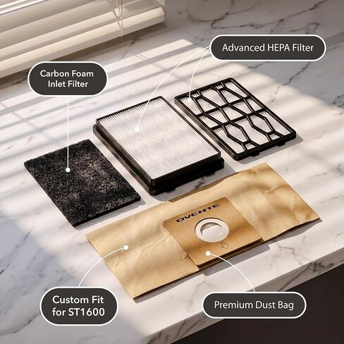 Ovente 4-Pack Premium Disposable Compact Dust Bag Replacement with 99.9% Ultra Filtration, Fit for ST1600 Canister Vacuum Cleaner Model Series Large Size and Easy Storage, Brown ACPST16704 in Kuwait