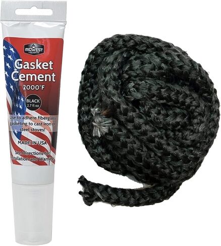 Midwest Hearth Wood Stove Replacement Gasket Kit – Made in USA Graphite Impregnated Fiberglass Rope Gasket & 2000°F Adhesive Cement for Woodburning Stoves (5/8" x 1/8" x 84" Flat Tape) in Saudi Arabia