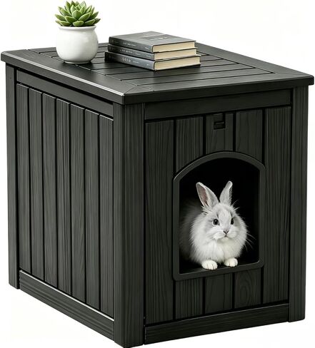 Rabbit Hideout Small Animal Habitat,Litter Box Enclosure Resin Weatherproof Black Bunny House, Multi-Functional Small Pet Hutch for Indoor/Outdoor Use, Ideal for Large Rabbits, Guinea Pigs & Ferrets in Saudi Arabia