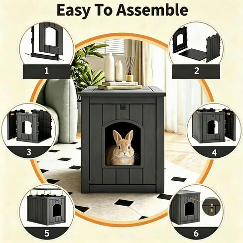 Rabbit Hideout Small Animal Habitat,Litter Box Enclosure Resin Weatherproof Black Bunny House, Multi-Functional Small Pet Hutch for Indoor/Outdoor Use, Ideal for Large Rabbits, Guinea Pigs & Ferrets in Saudi Arabia