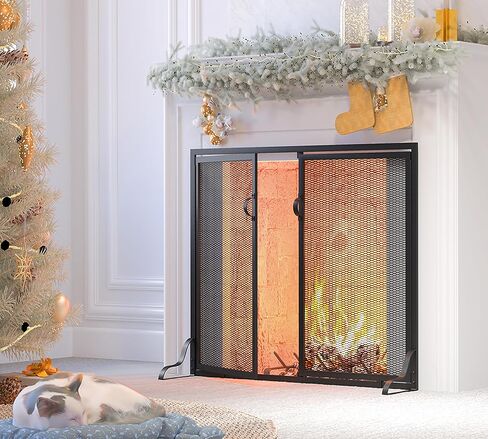 Kingson 37.8x30.7 in Fireplace Screen with Doors, 2-Pannel Handcrafted Solid Wrought Iron Decorative Mesh Classic Fire Spark Guard-Black in Saudi Arabia