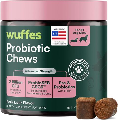 Wuffes Probiotics for Dogs, Digestive & Gut Health Soft Chews. Probiotic Chews with Prebiotics & Fiber. Supports Digestion, Balanced Gut & Immune Health. 60 Pork Flavored Chews in Kuwait