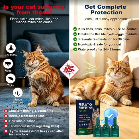 Flea and Tick Preventative for Cats, Topical Flea Drops for Cat 9lb+,12 Pc in Saudi Arabia