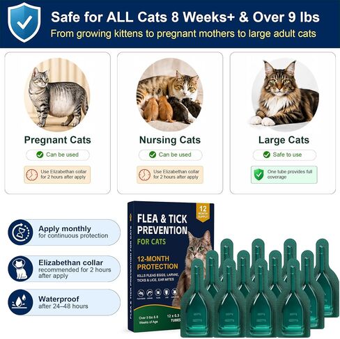 Flea and Tick Preventative for Cats, Topical Flea Drops for Cat 9lb+,12 Pc in Saudi Arabia
