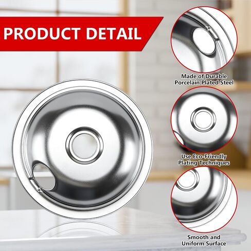 Cenipar WB31T10010 Burner Drip Pans 6 Inch (2 Pack)& WB31T10011 Electric Stove Drip Pans 8 Inch (2 Pack) Chrome Plated for Ken-more,Hot-point,GE Electric Surface Burner in Kuwait