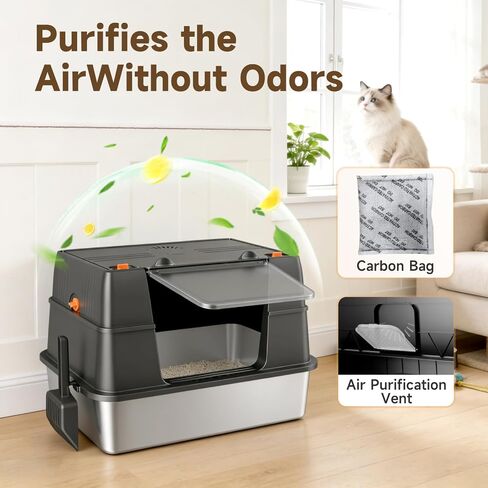Stainless Steel Litter Box with Lid, High Sided Enclosed Metal Litter Box for Big Cats, Easy Cleaning Anti-Urine Leakage, Non-Sticky Cat Box, Front Entry Top Exit KittyBox, Includes Mat & Scoop in Saudi Arabia