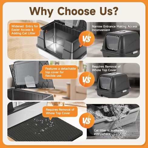 Stainless Steel Litter Box with Lid, High Sided Enclosed Metal Litter Box for Big Cats, Easy Cleaning Anti-Urine Leakage, Non-Sticky Cat Box, Front Entry Top Exit KittyBox, Includes Mat & Scoop in Saudi Arabia