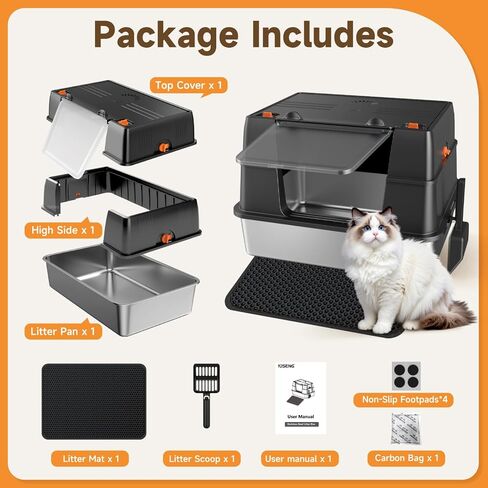 Stainless Steel Litter Box with Lid, High Sided Enclosed Metal Litter Box for Big Cats, Easy Cleaning Anti-Urine Leakage, Non-Sticky Cat Box, Front Entry Top Exit KittyBox, Includes Mat & Scoop in Saudi Arabia