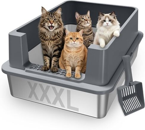 AIPERRO Stainless Steel Litter Box with Lid | XL Metal Enclosed Cat Litter Boxes with High Sided for Big Cats | Anti-Urine Leakage, Non-Stick Boxes with Litter Scoop (Light Gray) in Saudi Arabia