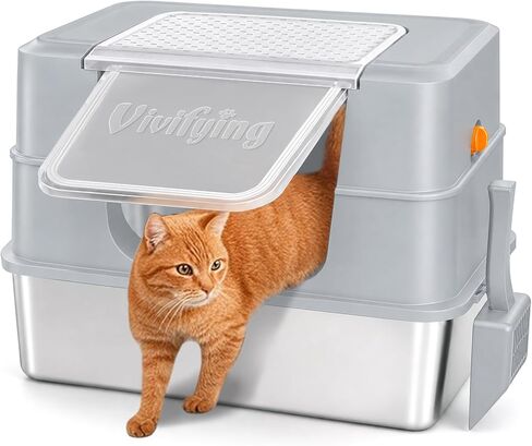 Vivifying XL Stainless Steel Cat Litter Box with Lid, Side Entry, Black in Saudi Arabia