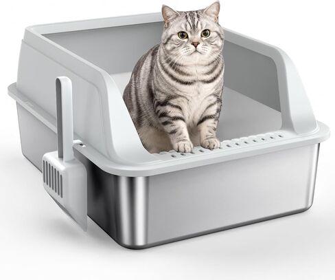 FURTIME Stainless Steel Litter Box with Lid, High Sided Metal Litter Box in Saudi Arabia