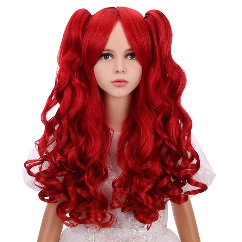 Kids Wine Red Wig Girls Burgundy Red Wig with Bangs Child Ponytail Wigs Long Curly Wavy Wigs for Daily Halloween Party Cosplay in Saudi Arabia