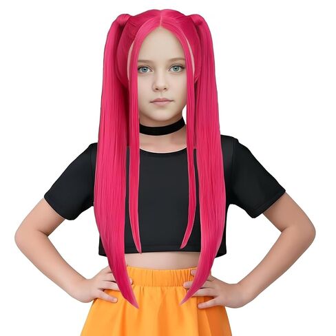MAGQOO Hot Pink Wig Kids Long Straight Hot Pink Wig Child Girls Cartoon Movie Halloween Cosplay Costume Animie Wigs in Saudi Arabia