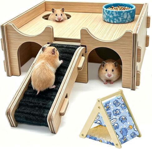 Wooden Hamster Hideout House with Platform, Bowl & Ladder in Saudi Arabia
