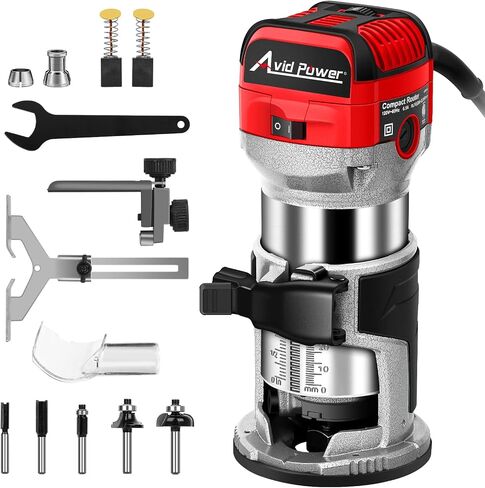 AVID POWER 6.5 Amp 1.25 HP Compact Router Tools for Woodworking, Fixed Base Wood Router with Trim Router Bits, 6 Variable Speeds, Edge Guide, Roller Guide and Dust Hood in Kuwait